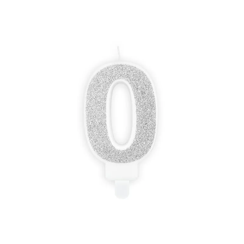 Świeczka cyferka "0" srebrny brokat, 7cm 
